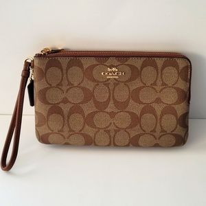COACH Signature Canvas & Leather Khaki & Redwood Double Corner Zipper Wristlet